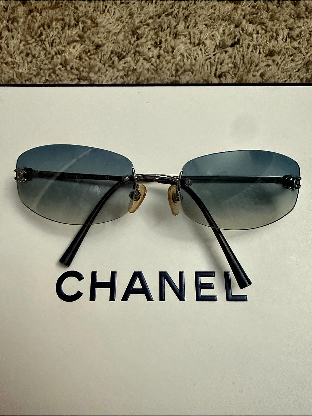 Chanel Rimless Blue Gradient Sunglasses 4002 Rectangular Sunglasses in Black &